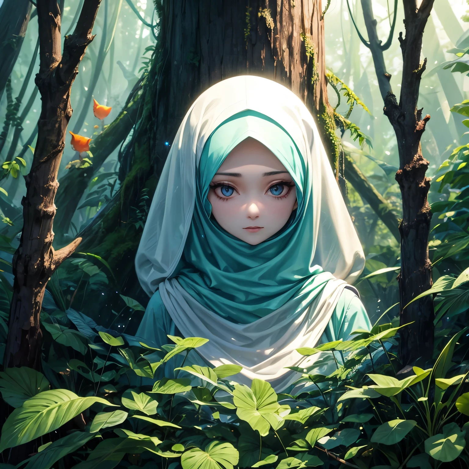 18-24 years old female wearing hijab. fair skin tone, average body, tall, normal weight, average breast, naked. crying for help expression. with jungle background. The photo has a spooky mood. The photo is a full body shot. Taken from a front view angle. she is tied up at the tree. spreading her legs. white substance all over her face and body.