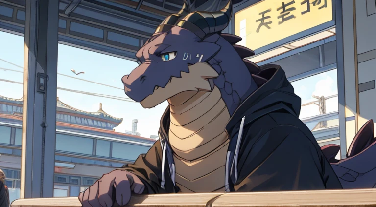 Herbivoredragon, solo, male, adult, black scalie, black horns,big tail, blue sky eye,detailed eye, Detailed face, chubby body,Human body posture, digital artwork , wearing Hoodie, Wearing a headset around the neck, Tokyo city, Shinkansen station, sitting on a bench, 3 point perspective, far view angle,Place the characters on the right, wallpaper, masterpiece quality