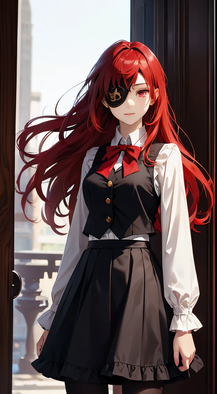 ((best quality)), ((masterpiece)), (detailed), perfect face, ((eyepatch:1.2)), (long hair:1.4), (red hair, red eyes:1.4), 1girl, solo, skirt, shirts, vest, legging, white shirts, Button-up shirts, black vest, smile, outdoors, black skirt, looking at viewer, black legging, rose pattern legging, long sleeves, bangs, ribbon, frilled skirt, frills, plaid, bow, Star shape eyepatch, gold eyepatch, standing, red ribbon, wide sleeves, hand on waist, medium breasts, cafe, inside bosco cafe, cowboy shot, elegance