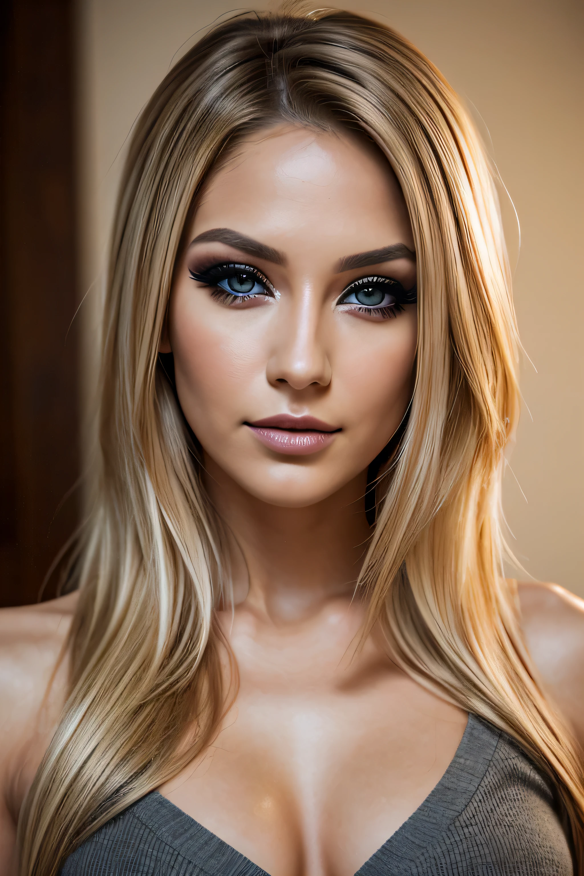 perfect digital photograph, beautiful woman, 28 years old, blonde, ((brown eyes)), ((smokey eye make up)), slight smile, looking into the camera, Nikon D850, ISO 200, photograph,