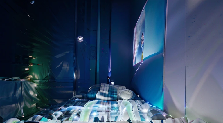 The bedroom has a night feel, the outside view is visible, large glass windows, high quality 4k size, color texture with night light,