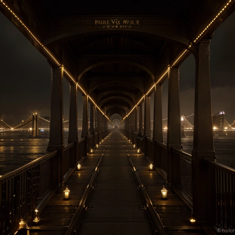 Pont de Brooklyn mystère steampunk précis réaliste arrière plan brume gold ville