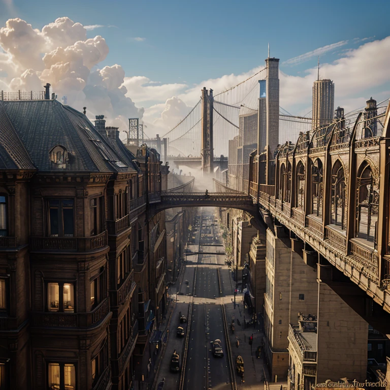 Pont de Brooklyn mystère steampunk précis réaliste arrière plan brume gold ville