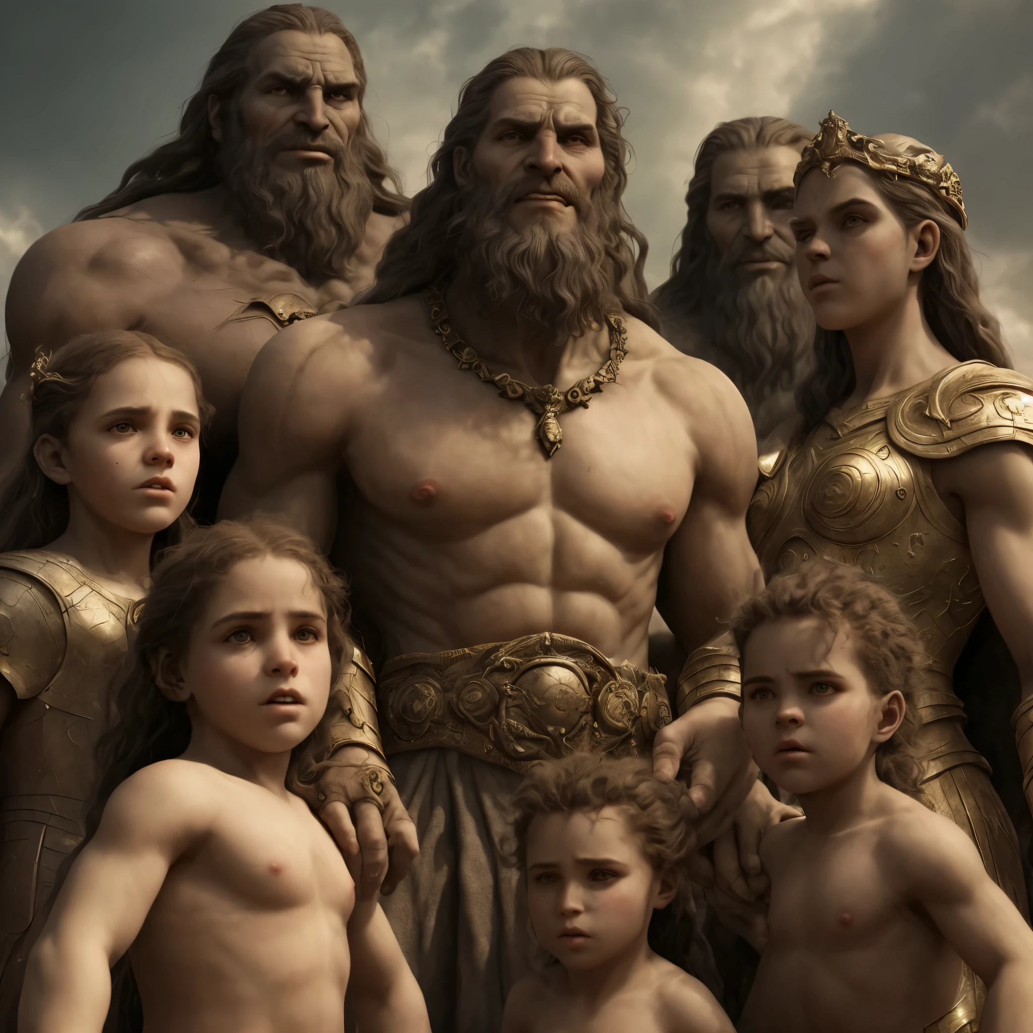 Create a Hercules Movie Poster! The poster contains the image of Hercules in the center, a beautiful woman next door, a young boy, the goddess Aphrodite, Zeus, hera. Poster cinema, Realistic and epic image