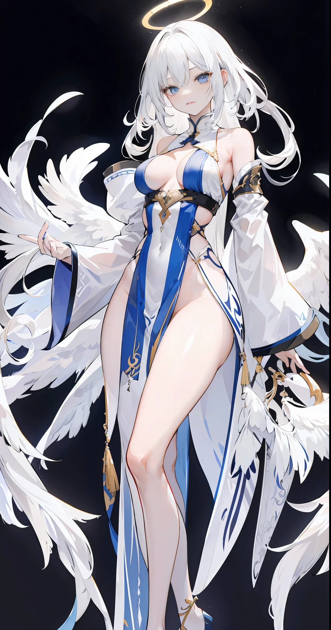 light skin color, white hair color long hair, Bigchest, 1:70,Full body photo,Slim body,sexy for,the shy,White wings, angelicales趴着, Overhead halo, yellow eyes, sexy for姿势, angelicales, angelicales标记,hyper HD, White hair, eBlue eyes.