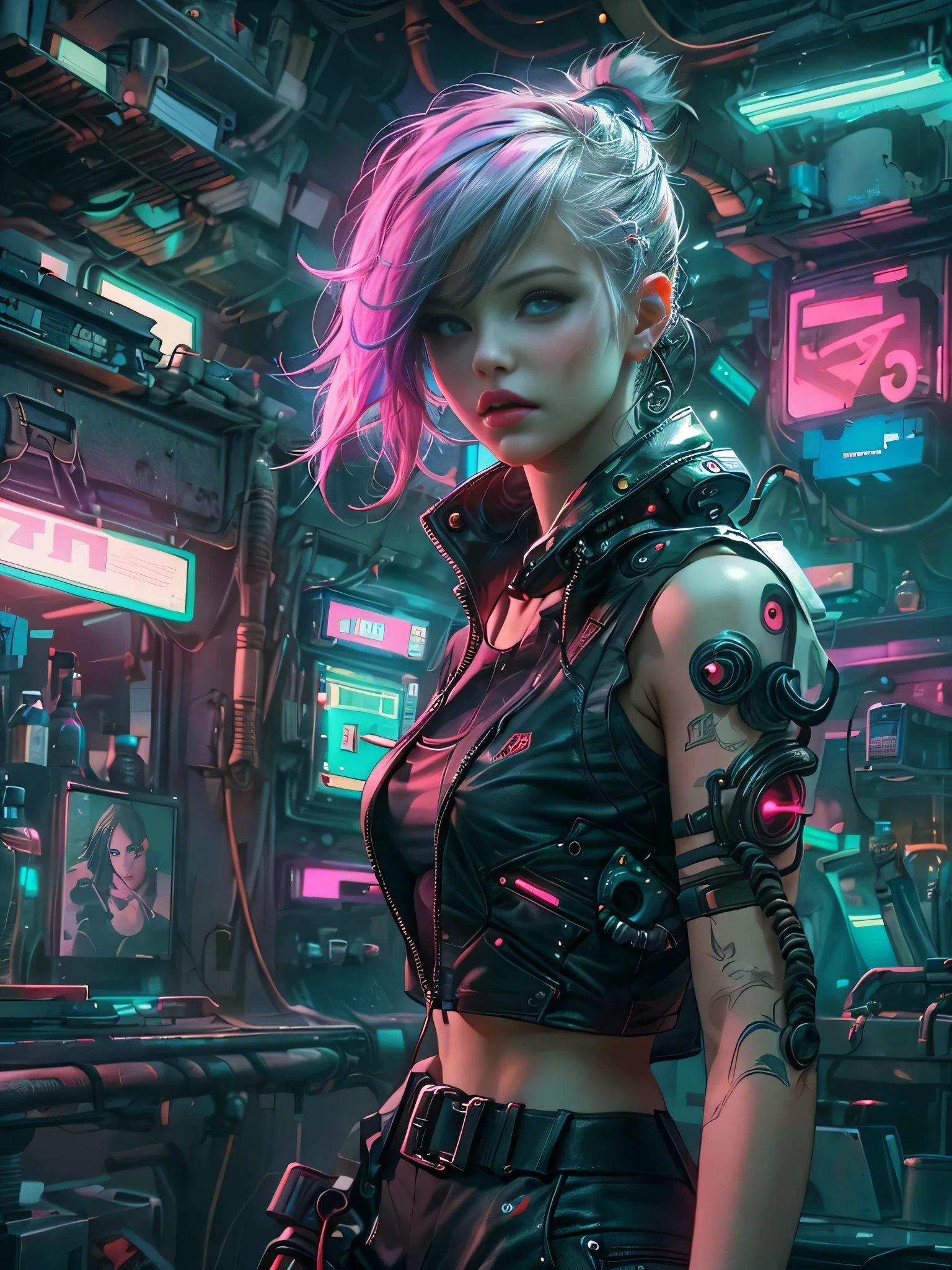 cyber punk Girl,(top-quality、8K、32K、​masterpiece、nffsw:1.3)、(The ultra -The high-definition)、(Photorealsitic:1.4)、Raw photography,Charming perfect figure,Beautiful and well-groomed face、actionpose:1.2,Detailed cyberpunk fashion、World of Cyberpunk,depth of fields,blurry backround,、