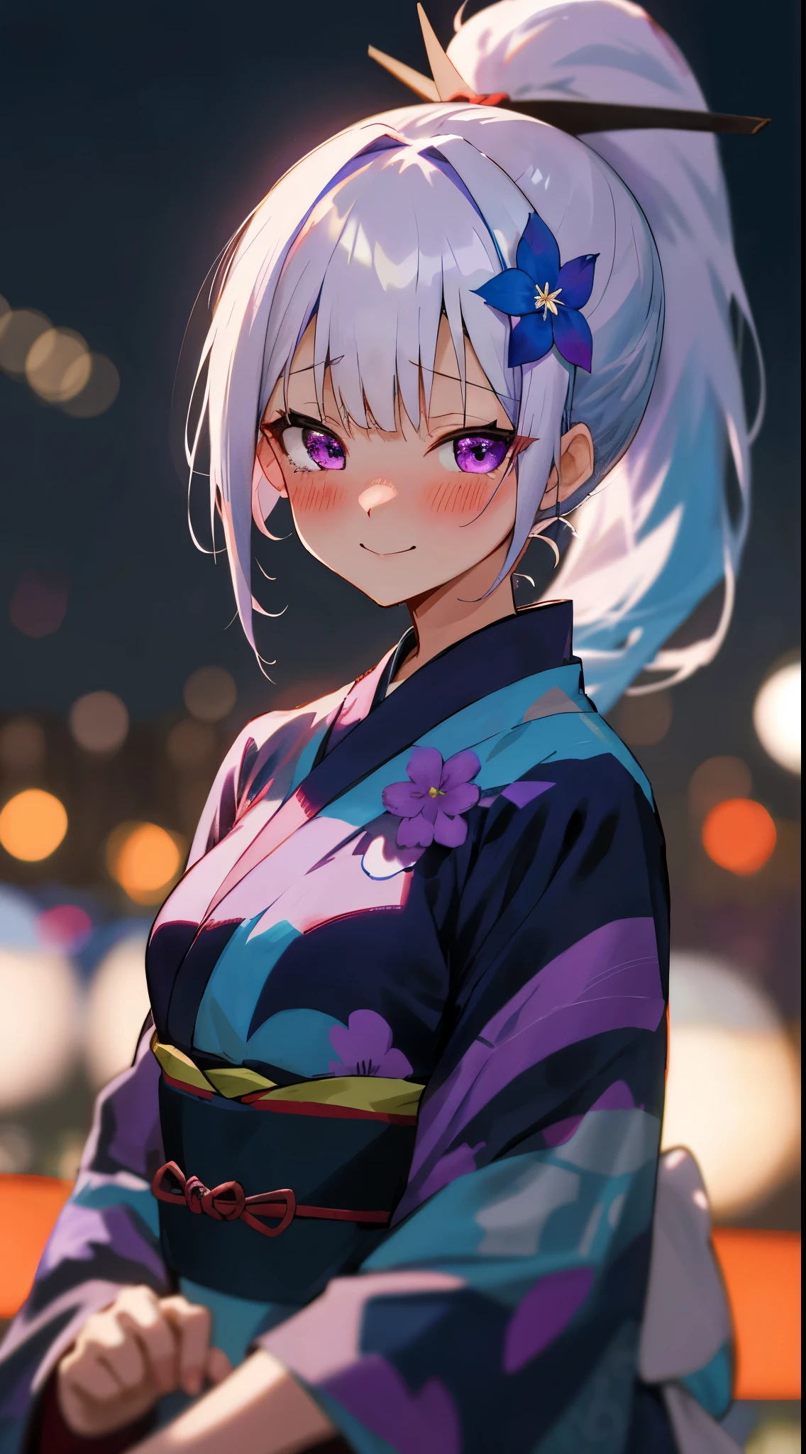 One girl with high ponytail hair, bangs, white hair, blue inner hair:1.25) , purple eyes, looking at viewer, blushing, little smile, tears, kimono, flower pattern, dating, festival, firework, dizzy, mid-chest, night atmosphere, hair ornament, medium breasts, upper body, focus, blurry background