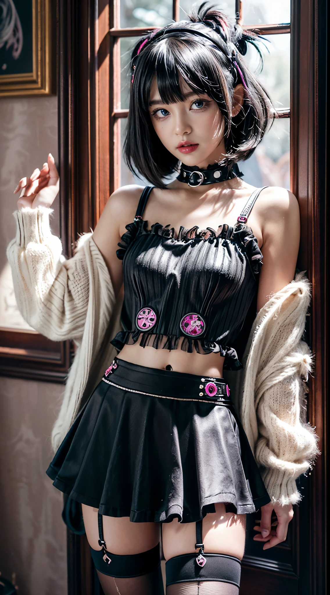 (Ultra-detailed eyes), (((textile shading))), (((Best Quality))), (((masutepiece))), (((Ultra-detailed CG))), sassy girl, (((magical little girl))), (Petite), (tiny chest), black hair, black hair, black hair, pin up emo, ((fluffy hair with bangs, gorgeous hair)), Pink eyes, (((spooky punk style, artwork motif shrunken ringer baby tee layered over a cropped ribbed cardigan, complete with a punk-inspired high-waisted black tulle mini skirt with hanging grommet straps, y2k))), ((striking a pose)), (((Game CG)) (gorgeous, sassy, it girl), spooky jewelry, front of witch haunted house, spooky on background, spooky light, spooky vibe, blood on floor, strong 80s atmosphere, cowboy shot, midshot, centered image, eye on camera, daylight, standing
