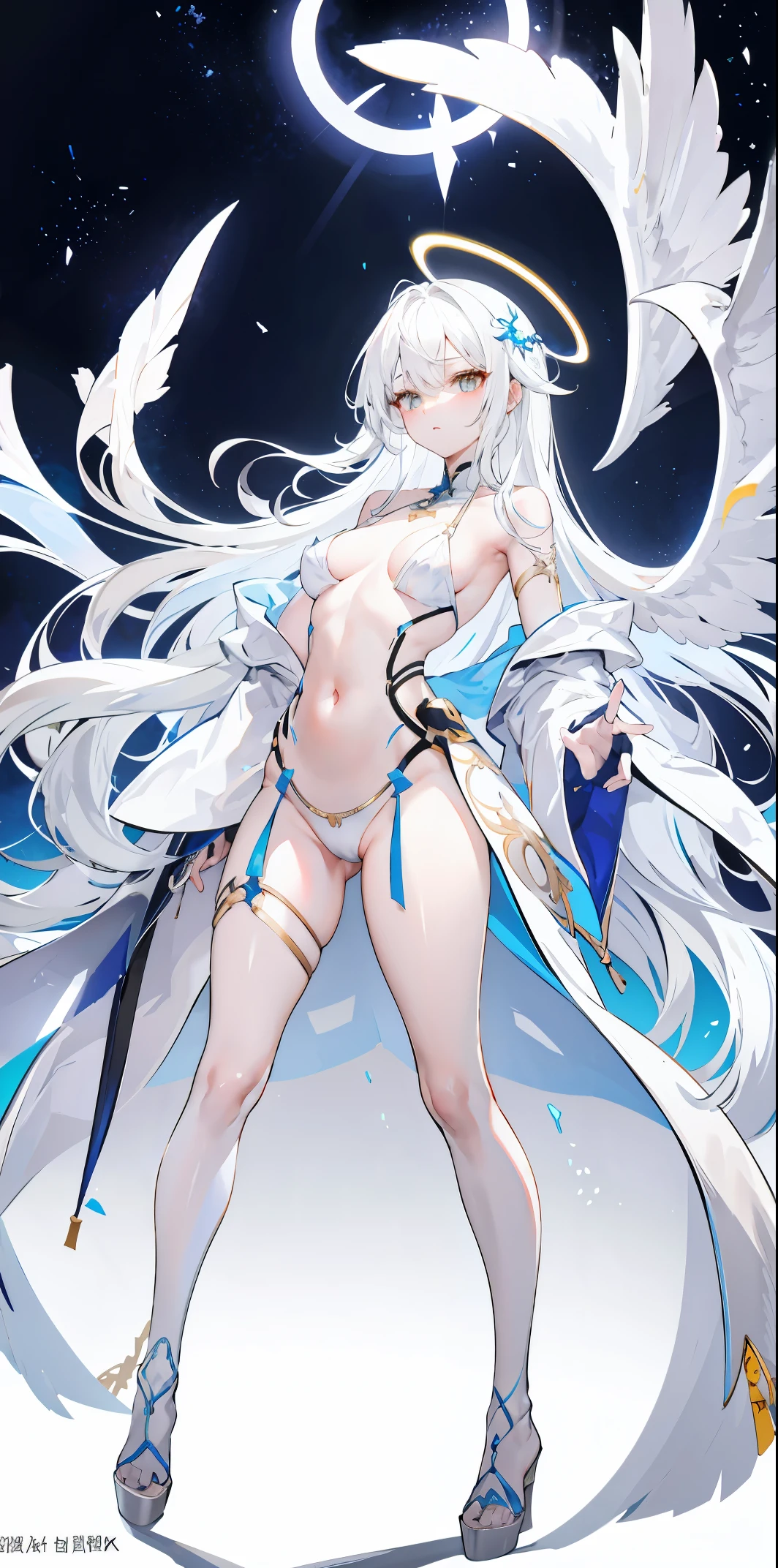 light skin color, white hair color long hair, Bigchest, 1:70,Full body photo,Slim body,don't have clothes,Less y clothes,the shy,White wings, angelicales趴着, Overhead halo, yellow eyes, a sexose, angelicales, angelicales标记,hyper HD, White hair, eBlue eyes.