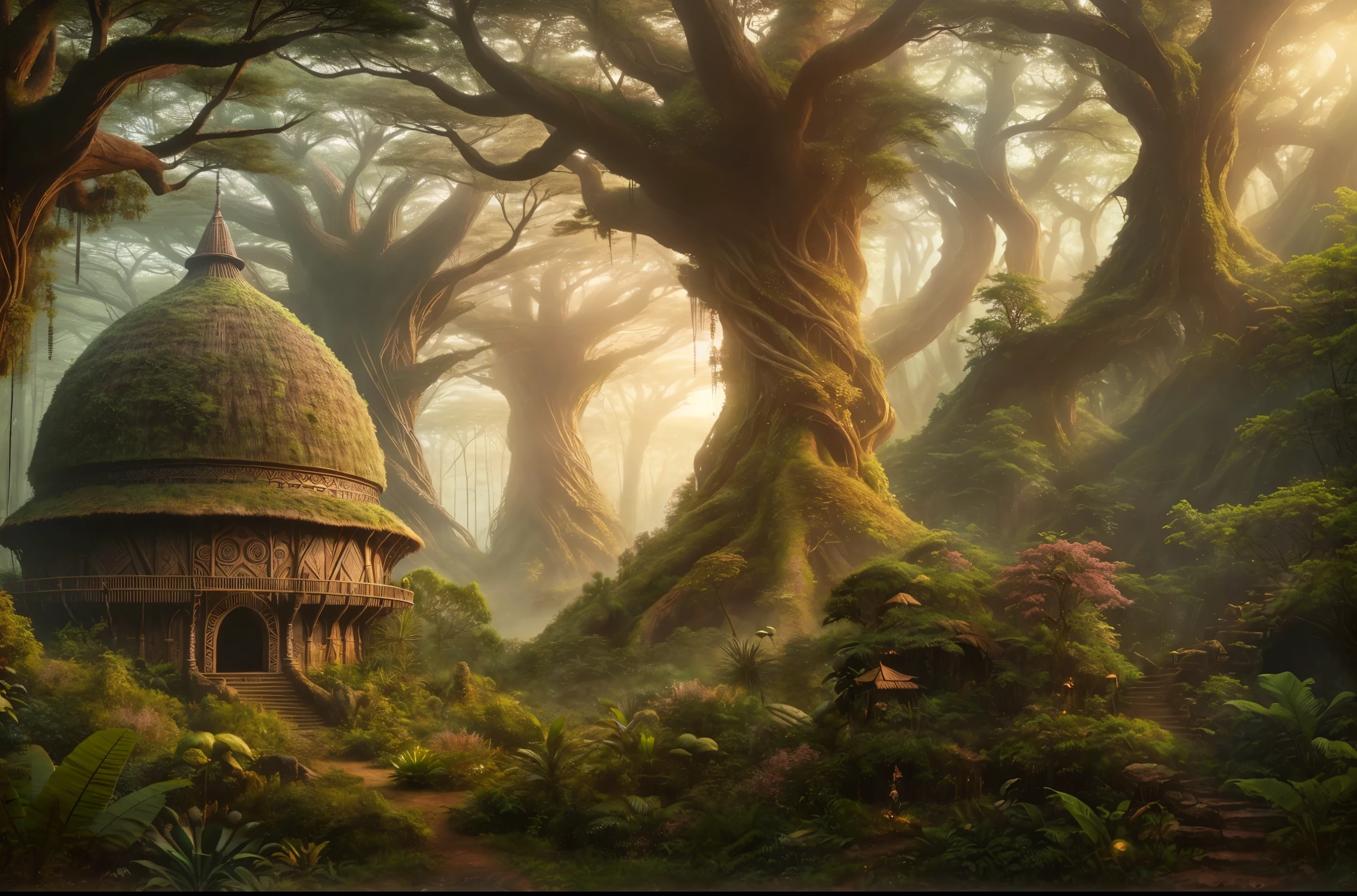 there is a large hut in the middle of a forest, beautiful ancient forest, enchanted magical fantasy forest, fantasy jungle, fantasy forest landscape, beautiful render of a fairytale, fantasy forest environment, fantasy magical vegetation, enchanted and magic forest, magical fantasy forest, fantasy forest, ancient forest, fantasy scene, elven architecture, a mystical temple, wide angle fantasy art