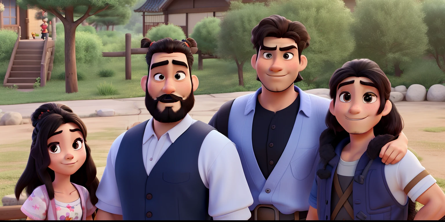 a disney pixar cartoon style family, man on the left with a beard and samurai bun, man on the right young man, high quality, best quality