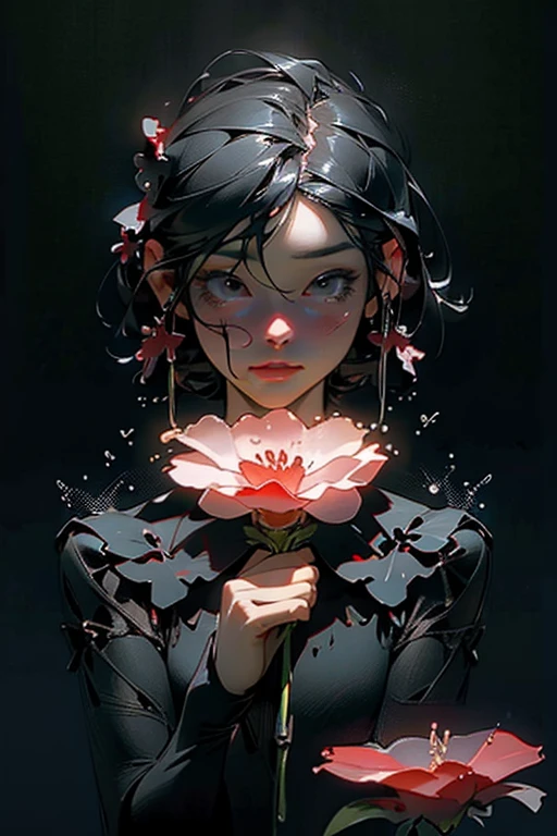((Transparent)) red hibiscus flower, transparent petals, ((focus on flowers)), ((hibiscus flower)), ((particle effects:1.5)), ((black background)), (best quality, 4k, highres, masterpiece:1.2), ultra-detailed, (realistic, photorealistic, photo-realistic:1.37), professional, vivid colors, bokeh, oil painting, detailed stamen and pistil, delicate veins on petals, soft lighting, vibrant red tones, elegant composition
