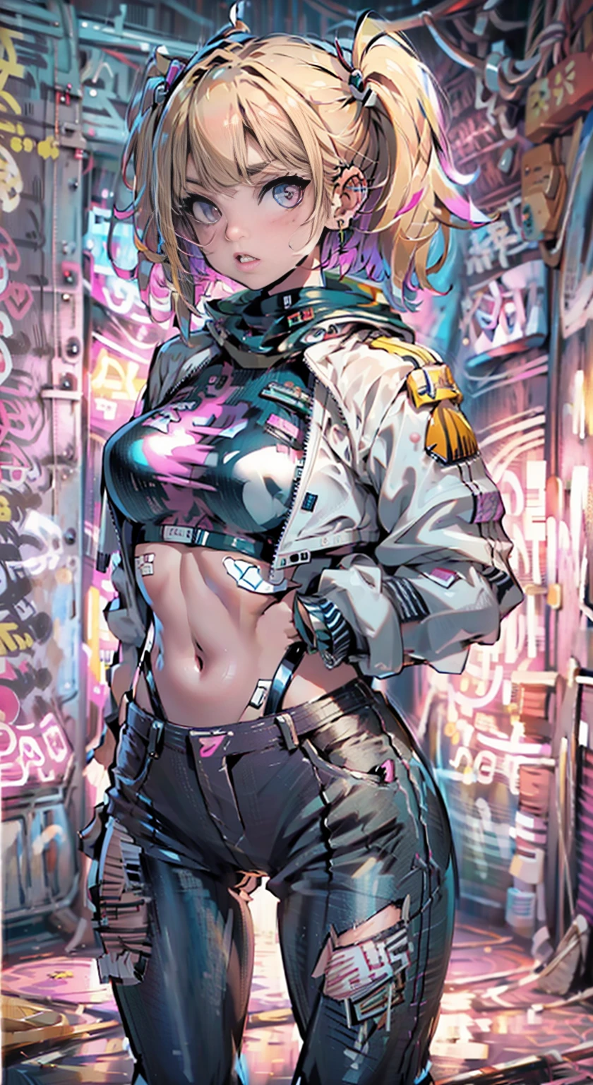 8K,Ultra Detail,ultra-quality,ultra precision,ultimate masterpiece,GAL,big boobs,big Thigh,white leather jacket,jeans,twin tail(blond&pink mix),cool Graffiti on the wall,Cyber punk street,