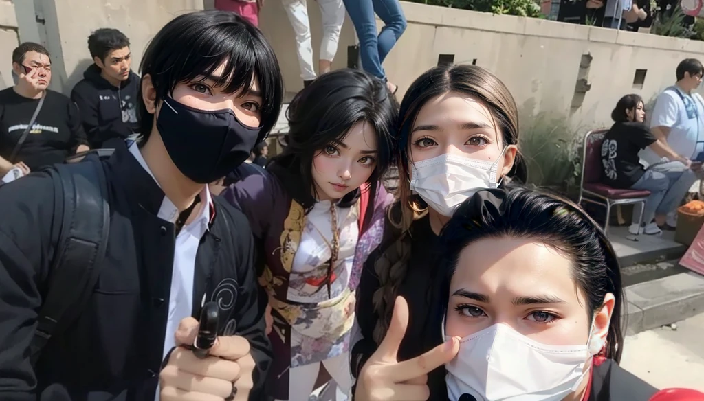several people wearing masks and holding up their thumbs up, cosplayer, , anime , professional , photo, full-, publicity , anime convention, hidari and vlop, realistic , akehiko inoue and ross tran, from kenshin, fanart, ehime, kanliu666, masayoshi suto and artgerm