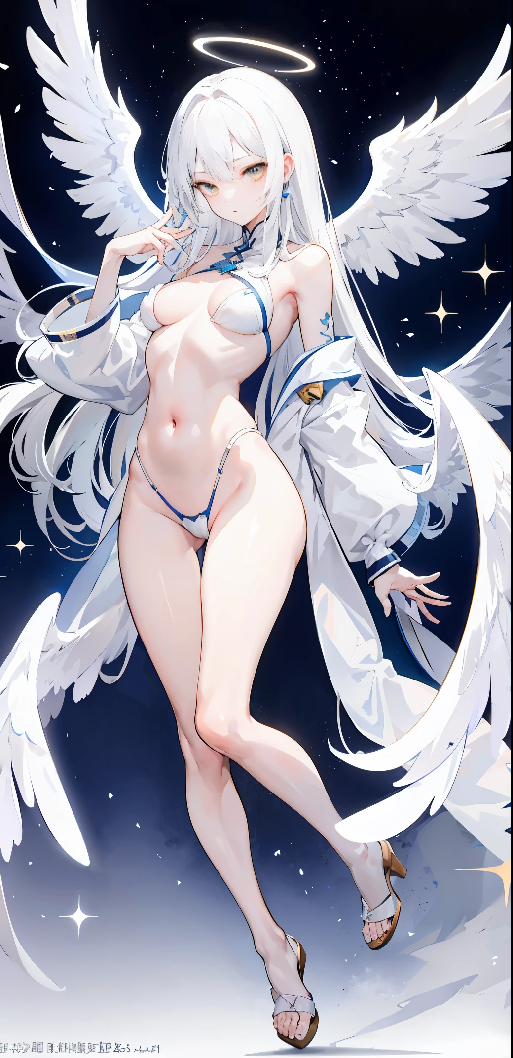 light skin color, white hair color long hair, Bigchest, 1:70,Full body photo,Slim body,don't have clothes,Less sexy clothes,the shy,White wings, angelicales趴着, Overhead halo, yellow eyes, a sexy pose, angelicales, angelicales标记,hyper HD, White hair, eBlue eyes.
