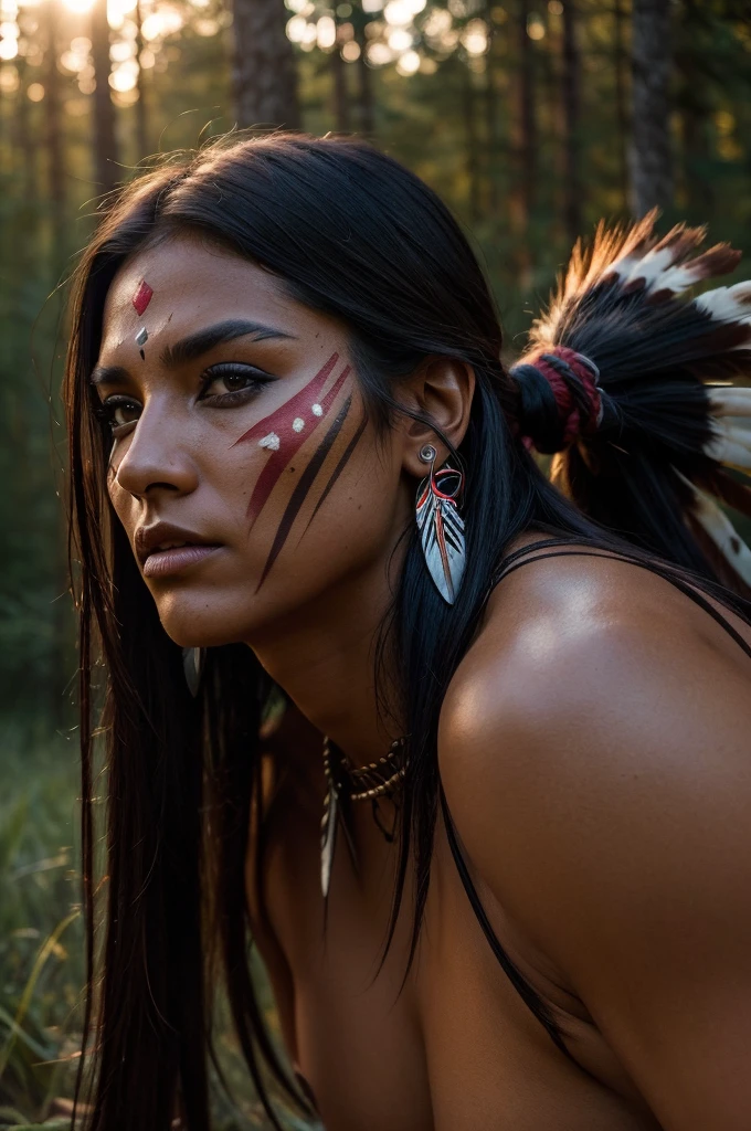 Sexy female native american warriors with facepaint fight in the middle of forest at dusk, landscape, (RAW photo, real, best quality, masterpiece:1.2), detailed, (hyper realistic, photo-realistic:1.2), high quality, (dark lighting:1.2), perfect lighting