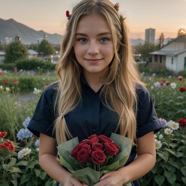 Young woman, 20 years old, at flower field, blond hair, intertwined hairstyle, blue eyes, shy smile, wearing a flower shop uniform, holding bouquet of red flowers. backgroud: sierra and city light at dusk.