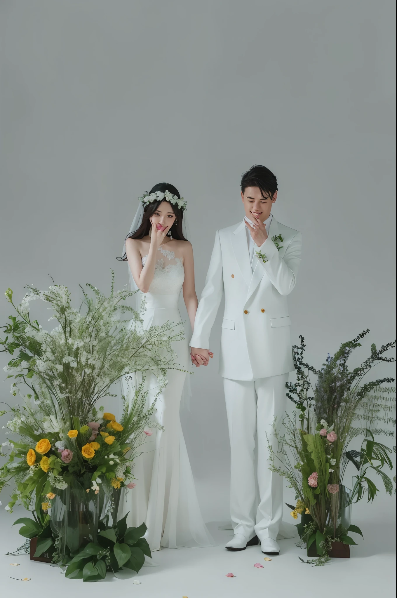 bride and groom standing in front of a flower arrangement with greenery, wedding photo, in front of white back drop, couple pose, bride and groom, happy couple, lovely couple, wedding, photoshoot, with flowers, ji-min, 🤬 🤮 💕 🎀, official artwork, jia, official fanart, korean artist, promo shot, taejune kim, backdrop