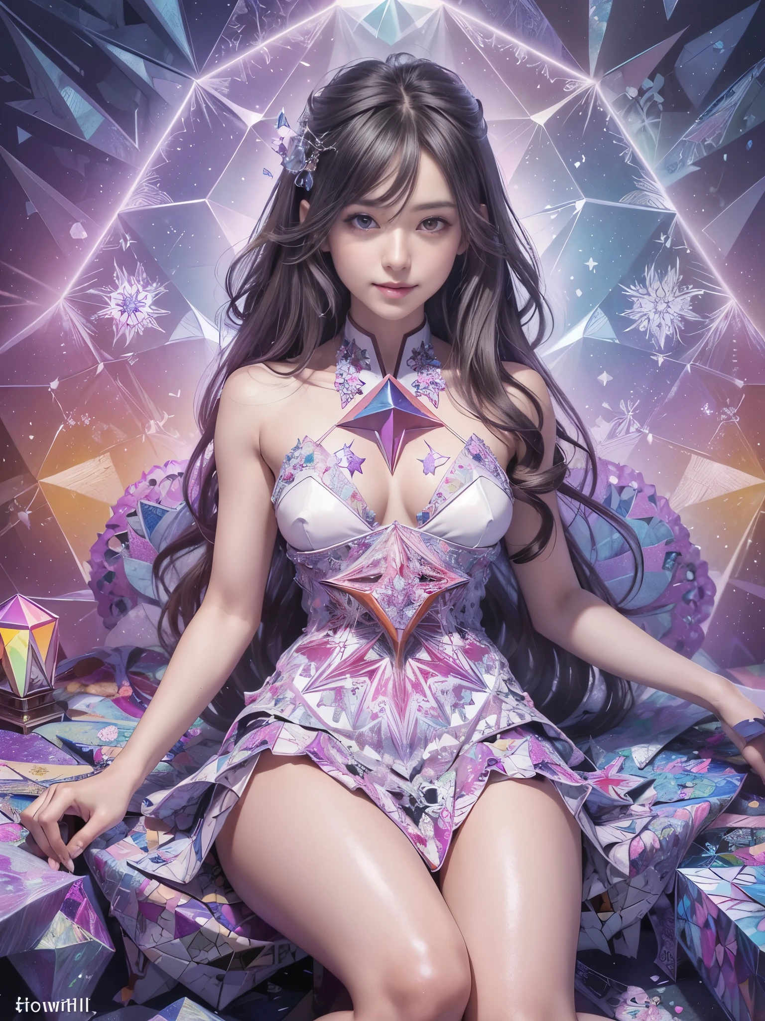 (Digital art, fractal art, official art, beautiful and aesthetic, ultra detailed, beautiful, masterpiece, best quality:1.8), (1girl:1.2), Detailed face, Detailed eyes, Detailed hair, Detailed fingers, five fingers,
_ BREAK (kaleidoscope:1.6),
(angular kaleidoscope all pattern dress:1.6),
(inside white kaleidoscope:1.55),(angular,Prism:1.4),
(strong prism light reflected on kaleidoscope:1.6),
BREAK cute ig model, Japanese cute model, 22 years old, medium large breasts, slender waist, toned arms, toned thighs, medium Buttocks, small head, small face, small mouth, diamond Face, small nose, Sharp Faceline, smile,Teeth, (dropy eyes, Double eyelid, Light color eyes, Moist eyes, Shiny eyes:1.2), Shiny hair, Shiny skin,
_
(smile, Teeth:1.3),(sitting:1.2), from front, locking away, face,
_
