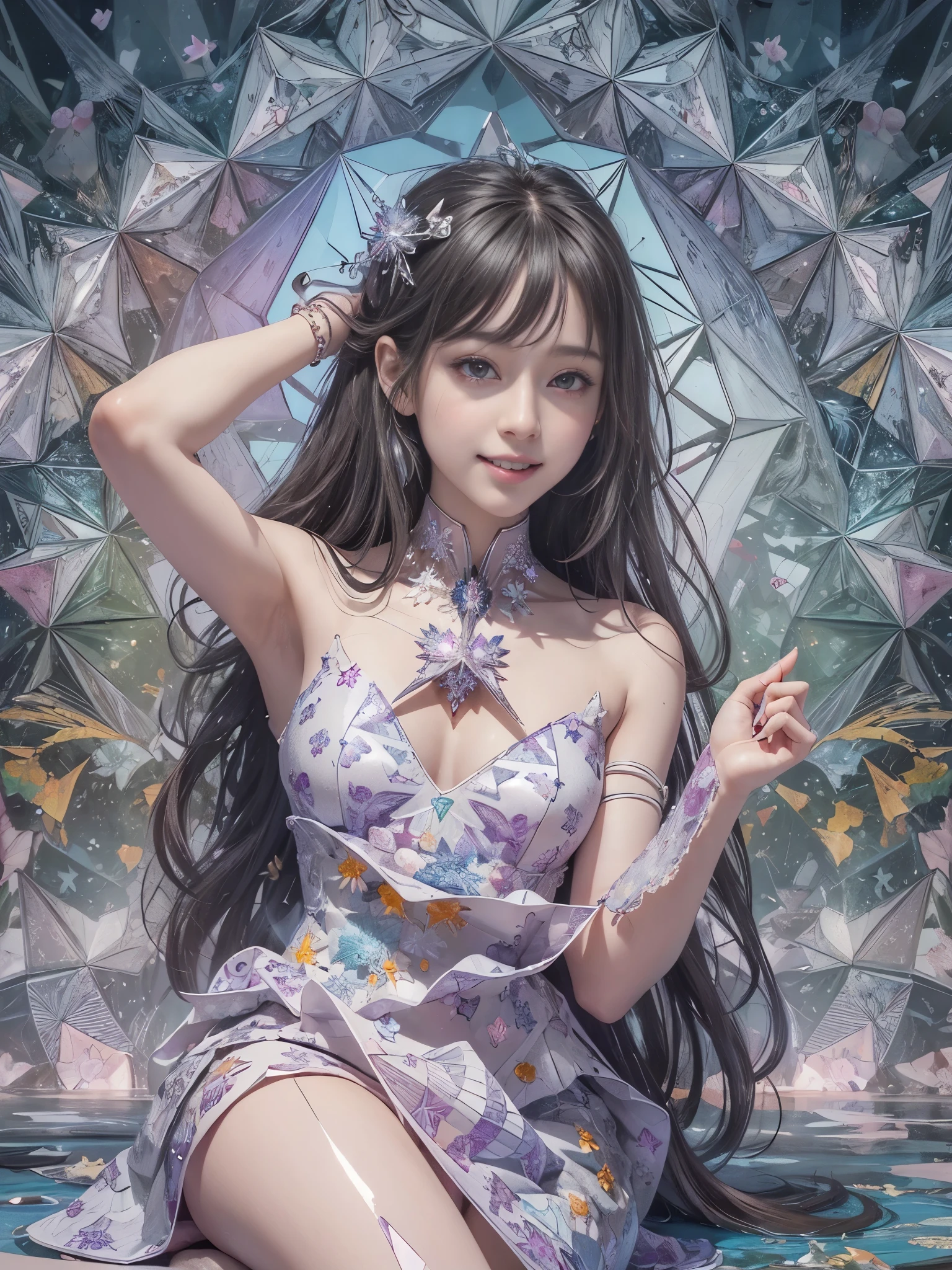 (Digital art, fractal art, official art, beautiful and aesthetic, ultra detailed, beautiful, masterpiece, best quality:1.8), (1girl:1.2), face, Detailed face, Detailed eyes, Detailed hair, Detailed fingers, five fingers,
_ BREAK (kaleidoscope:1.6),
(angular kaleidoscope all pattern dress:1.6),
(inside white kaleidoscope:1.55),(angular,Prism:1.4),
(strong prism light reflected on kaleidoscope:1.6),
BREAK cute ig model, Japanese cute model, 22 years old, medium large breasts, slender waist, toned arms, toned thighs, medium Buttocks, small head, small face, small mouth, diamond Face, small nose, Sharp Faceline, smile,Teeth, (dropy eyes, Double eyelid, Light color eyes, Moist eyes, Shiny eyes:1.2), Shiny hair, Shiny skin,
_
(smile, Teeth:1.3),(sitting:1.2), from front, lock at viewer,
_