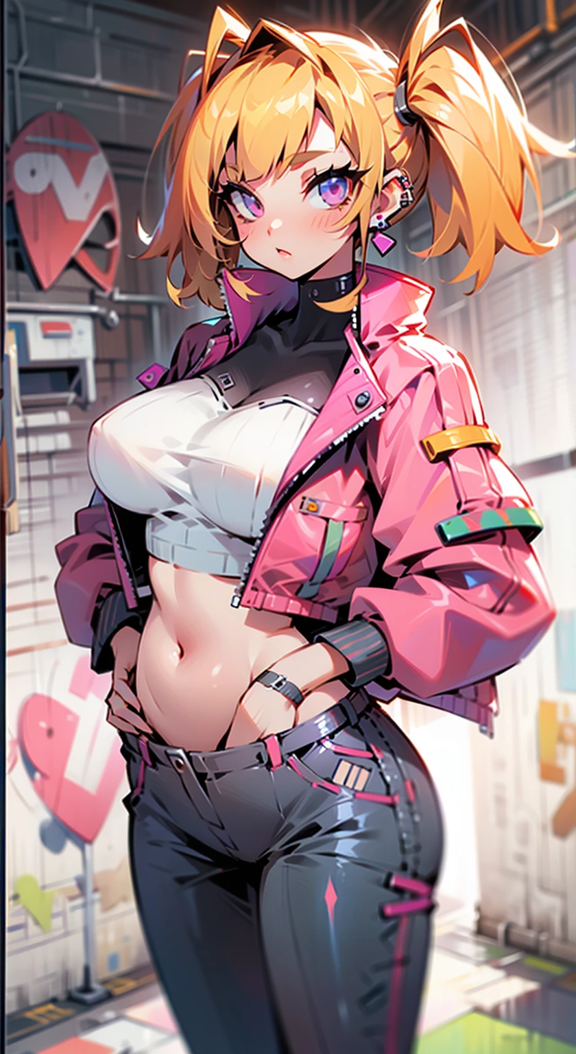 8K,Ultra Detail,ultra-quality,ultra precision,ultimate masterpiece,GAL,big boobs,big Thigh,white leather jacket,jeans,twin tail(blond&pink mix),cool Graffiti on the wall,Cyber punk street,