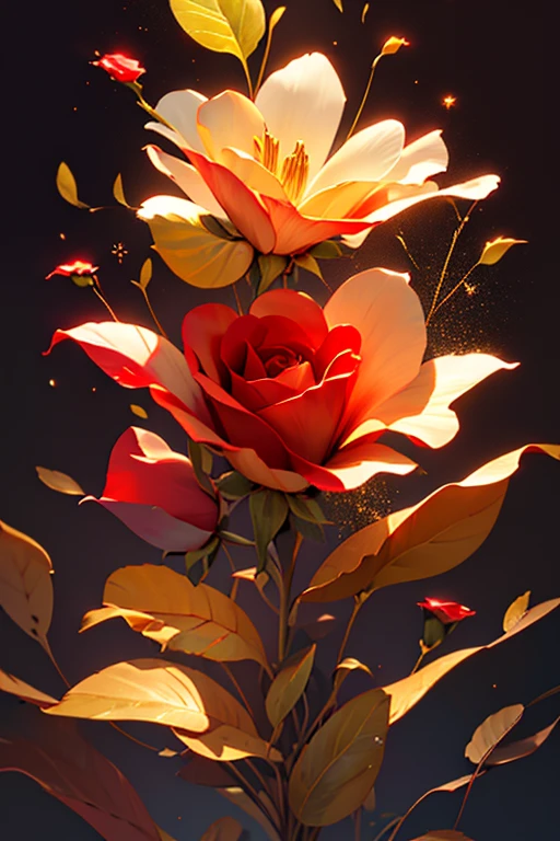 ((Transparent)) red rose flower, transparent petals, ((focus on flower)), ((rose flower)), ((particle effects:1.5)), ((black background)), (best quality, 4k, highres, masterpiece:1.2), ultra-detailed, (realistic, photorealistic, photo-realistic:1.37), professional, vivid colors, bokeh, oil painting, detailed stamen and pistil, delicate veins on petals, soft lighting, vibrant red tones, elegant composition, gold leaf:1.5, low light:2, high contrast:1.5,