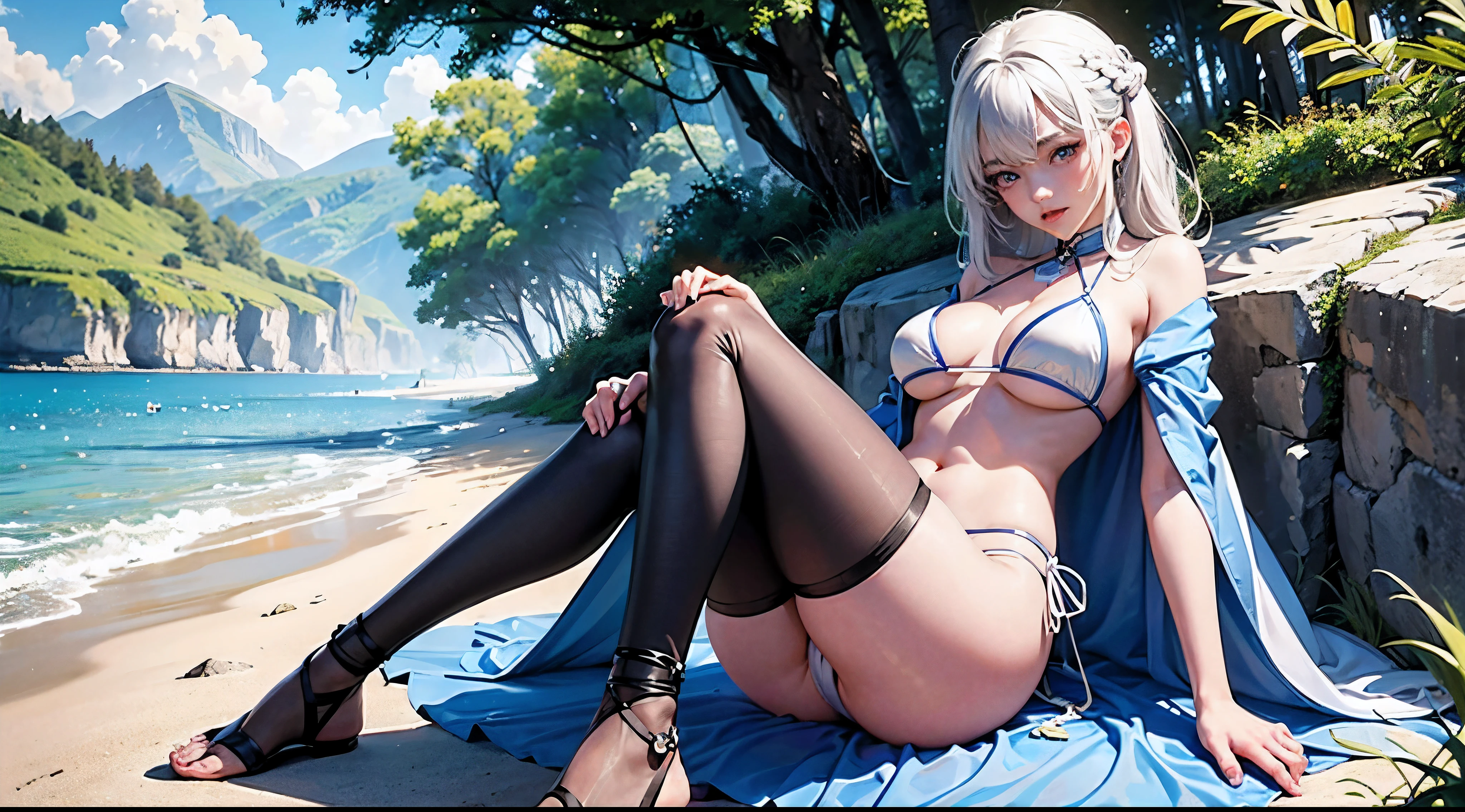 Best quality,navel,比基尼,hand on her own chest,The halo,Full body lesbian,Big blue eyes,Raised sexy,8K,,Bess,On the beach,lace panty hose,with her mouth open,Open your legs,可爱的Bigchest鼻子,可爱的Bigchest,The mouth is relatively large,The legs are relatively long,Bigchest,The eyes are relatively large,Long gray hair,The eyeballs are relatively large,sparkle in eyes,Naked foot,The nose is relatively large,white color hair,no shoe,Pretty big breasts,比基尼,at a forest,legs long,可爱的Bigchest脸,Vaginal thrust by,Fixed in a running position by a ,A little boyng,把时间停止定住了可爱的Bigchest少女
