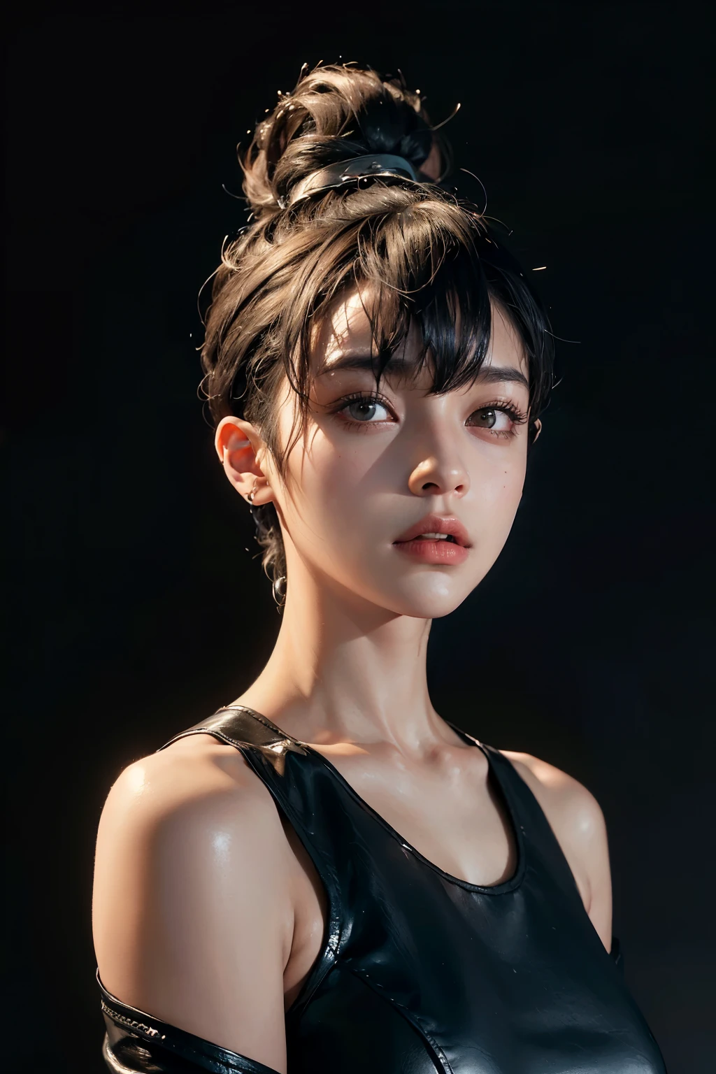 a 30 yo woman,(hi-top fade:1.3),long hair,dark theme, soothing tones, muted colors, high contrast, (natural skin texture, hyperrealism, soft light, sharp),