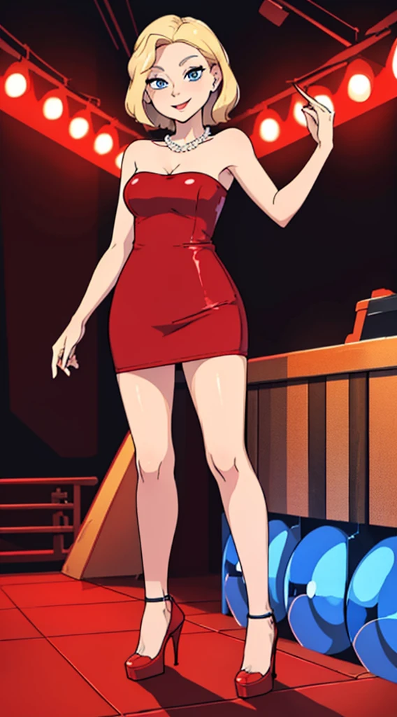 masterpiece, best quality, young blonde woman, medium hair, blue eyes, pearl necklace, wearing a strapless tube dress, red dress, black high heels, looking at viewer, smile, nightclub background, disco lighting, standing up, hands on hip, seductive