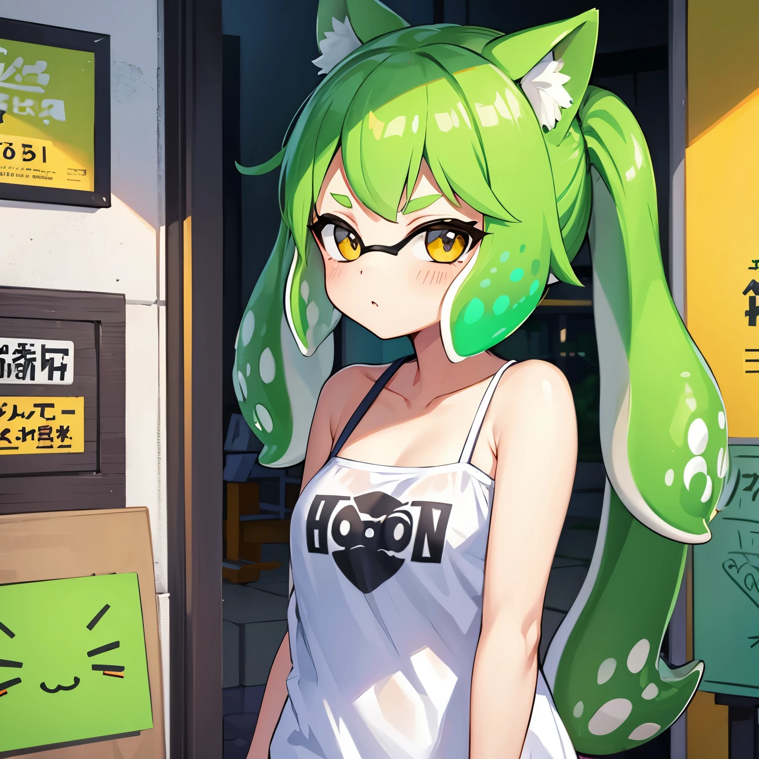 Splatoon wind、cat ear、Green hair、1 girl in