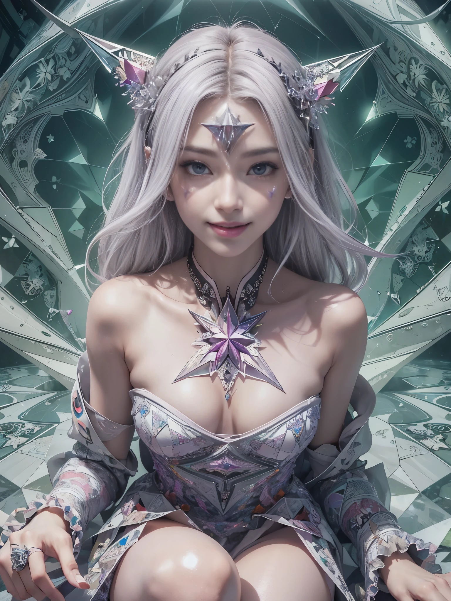 (Digital art, fractal art, official art, beautiful and aesthetic, ultra detailed, beautiful, masterpiece, best quality:1.8), (1girl:1.2), face, Detailed face, Detailed eyes, Detailed hair, Detailed fingers, five fingers,
_ BREAK (kaleidoscope:1.6),
(angular kaleidoscope all pattern dress:1.6),
(inside white kaleidoscope:1.55),(angular,Prism:1.6),
(strong prism light reflected on kaleidoscope:1.6),
BREAK cute ig model, Japanese cute model, 22 years old, medium large breasts, slender waist, toned arms, toned thighs, medium Buttocks, small head, small face, small mouth, diamond Face, small nose, Sharp Faceline, smile,Teeth, (dropy eyes, Double eyelid, Light color eyes, Moist eyes, Shiny eyes:1.2), Shiny hair, Shiny skin,
_
(smile, Teeth:1.3),(sitting:1.2), from front, lock at viewer,
_