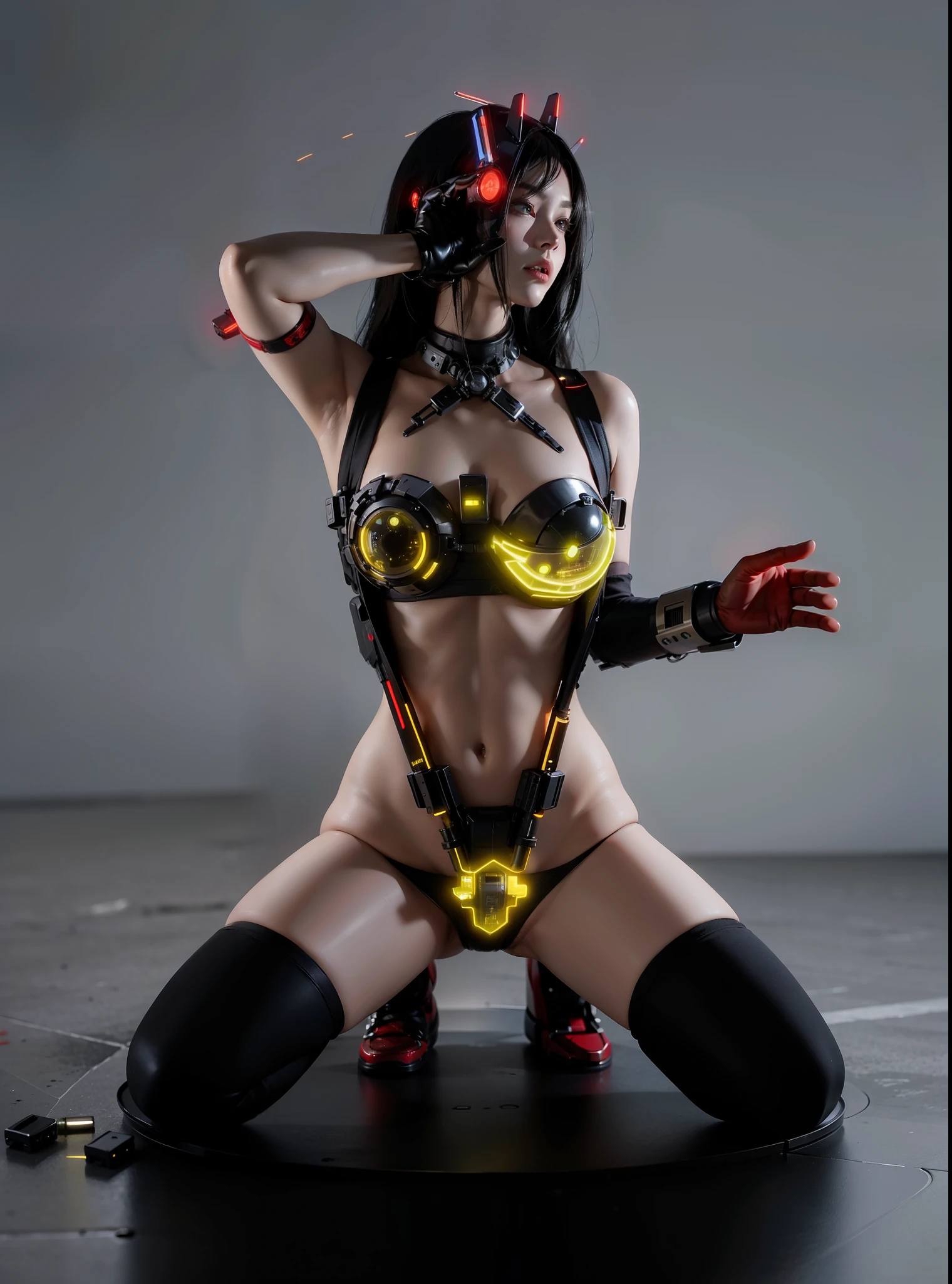 Fantasy cyberpunk world,1 Mechanical Miracle,Robots defend world order;Samurai mechanical armor,Equip transparent weapons,Streamlined black and red design,wearing in black cloak,A big part of a 1-person robot,Art of the highest quality,8K ultra-high resolution,动态照明,cinematic splendor,vivd colour,Wearing a high-tech steel suit,Wearing a cyberpunk space helmet,Luminous mechanical protective mask,High-tech tactical clothing of the future,