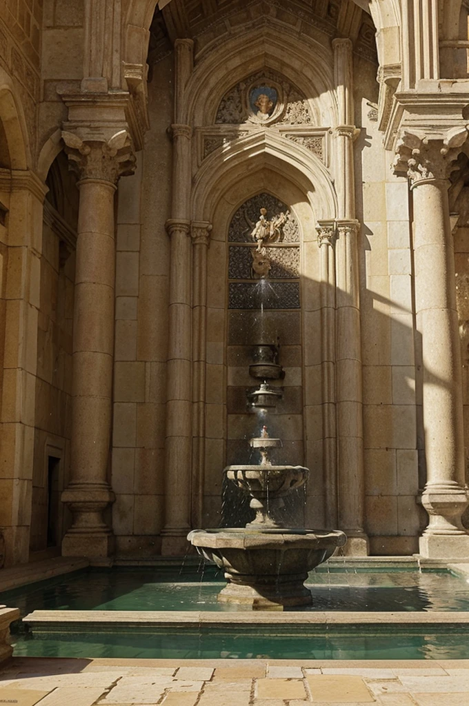Very large and beautiful water fountain with several flowers in a kings' palace in the medieval era,fotos bem realistas