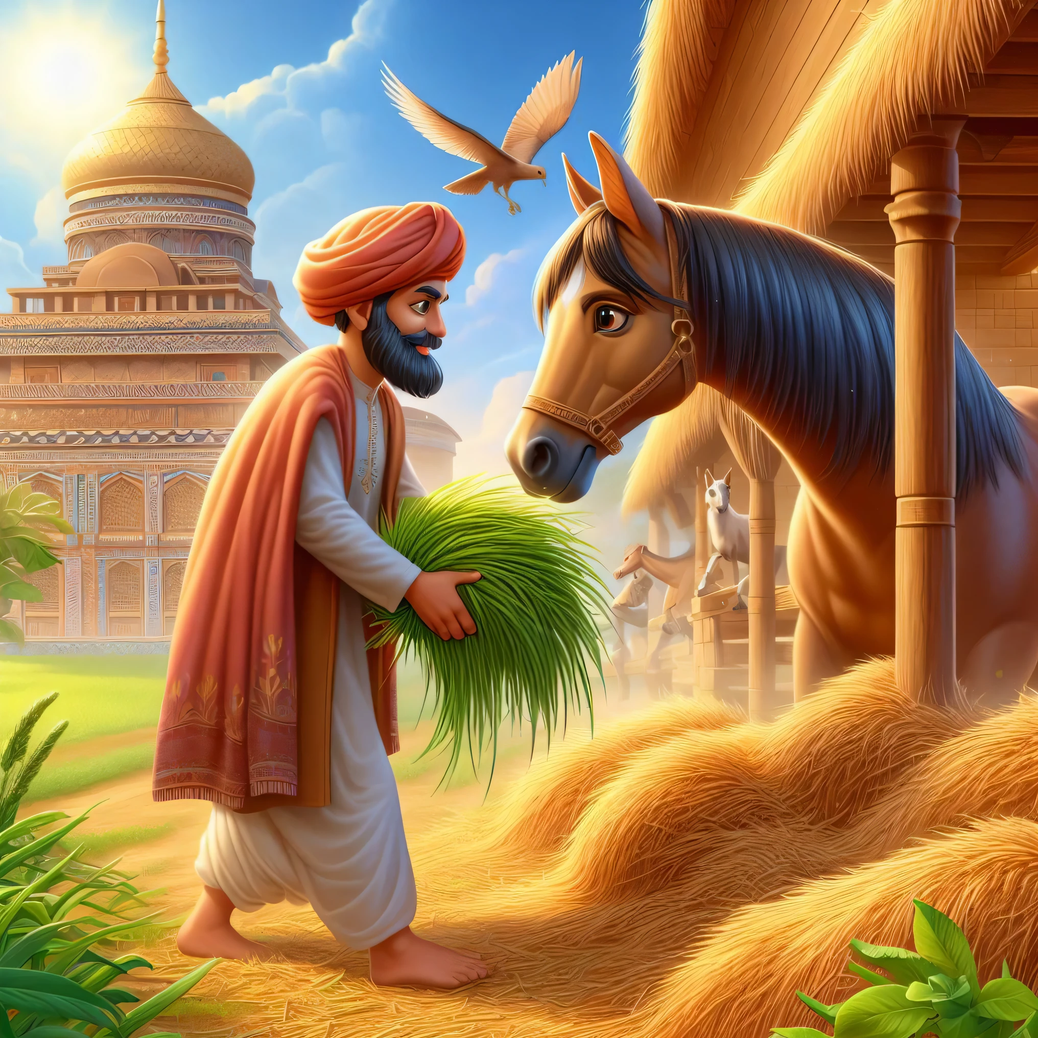 a close up of a person standing next to a horse, inspired by Manjit Bawa, inspired by Sardar Sobha Singh, villagers busy farming, indian master, a beautiful artwork illustration, india, camel god, detailed game art illustration, farm background, amazing wallpaper, indian art, by Manjit Bawa, farmer, mogul khan, game illustration