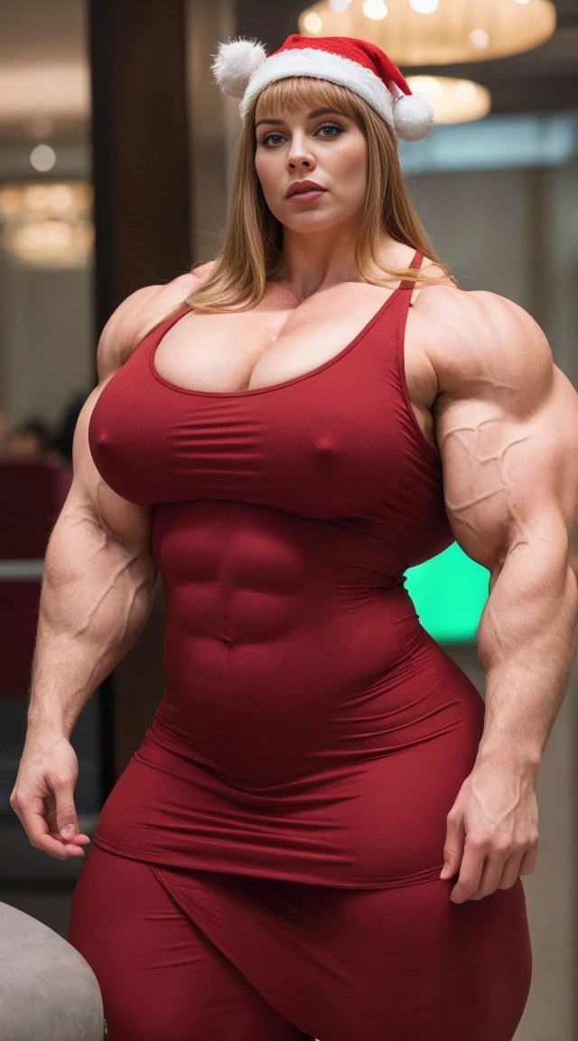 A large thick woman . Wearing a Christmas hat, Generate a full length fashion portrait of an overweight fat nig boned heavily muscled female, peggy Bundy, big ginger 1980s hairstyle, huge muscular pecs, her makeup, hair, she dressed in very tight lycra dress , lighting, in a hotel bar environment , feminine and muscular, exaggerated muscle physique, bodybuilding woman, very beautiful. big muscles, muscular girl, massive muscles, bulging muscles, muscled, large muscles, bodybuilder body, muscular ultraviolent woman, huge muscles, muscular bodies, exaggerated physique, extreme muscles, big muscles
