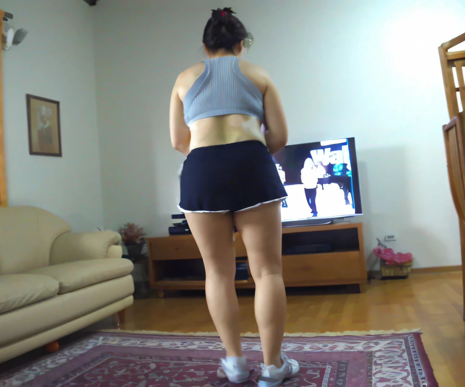 araffe woman in a short skirt in front of a television, Costas - Pneu, tiro longo pelas costas, tiro nas costas, Back view!!, tiro pelas costas, vista from the back, visto from the back, from the back, Backview, long shot from the back, tiro traseiro, picture from behind, tiro from the back, Tiroteio costeiro