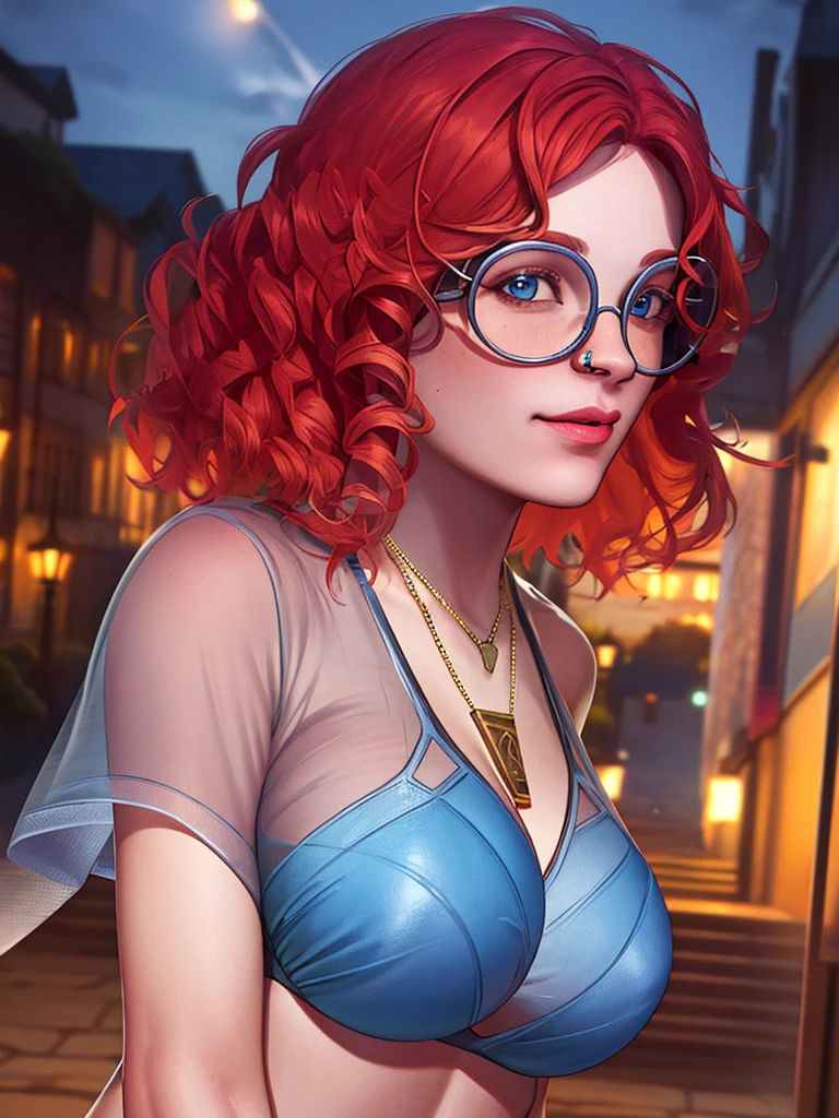 (masterpiece, best quality)), highly detailed, highres, hdr, extremely detailed illustration, detailed face, mikaelareid, 1girl, solo, looking at viewer, jewelry, blue eyes, red hair, necklace, lips, see-through, realistic, night, landscape, (bikini, large breastare shoulders, seductive smile, outdoors, glasses, round eyewear,