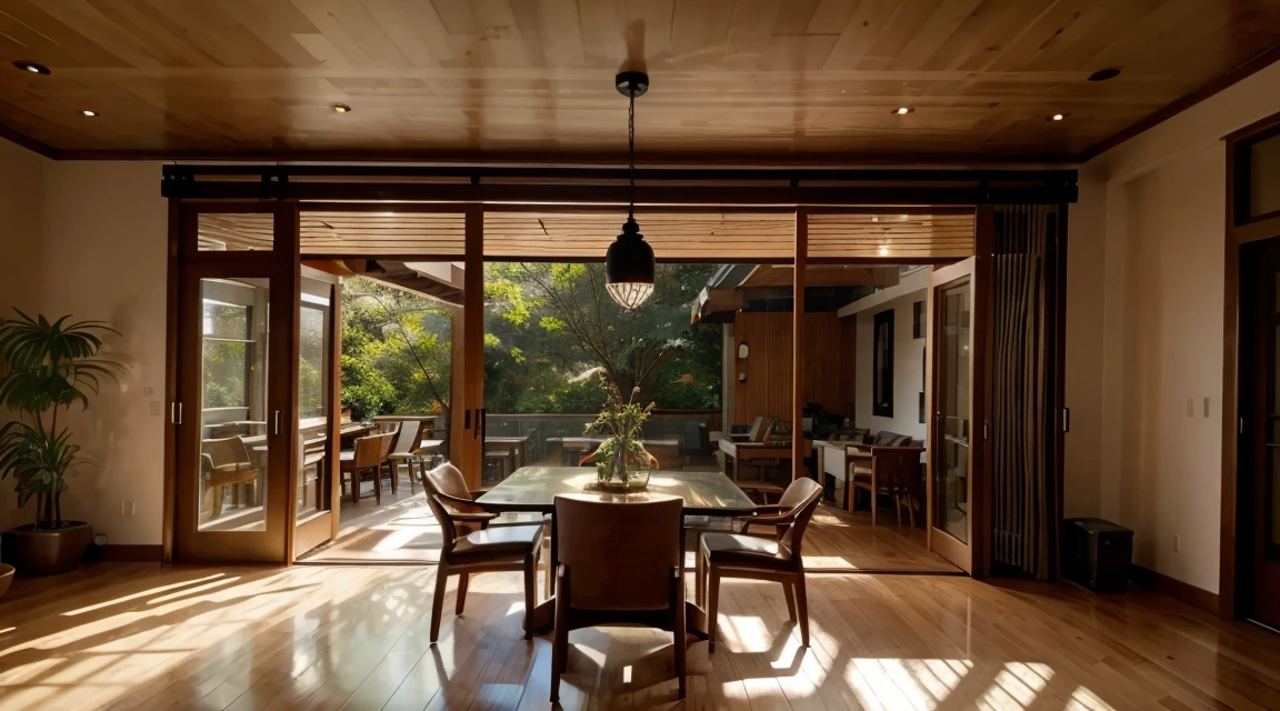 Interior design,insanely detailed wide angle architecture photography, cozy contemporary living room,(bright warm sunlight 1:0.1), award-winning contemporary interior design, scenery, table, chair, indoors, wooden floor, window, restaurant, east asian architecture, sliding doors, lamp, architecture, forest, nature, cup, plant,INTERIOR DESIGN,intersting lights and shadows, Depth of Field,low light, ,