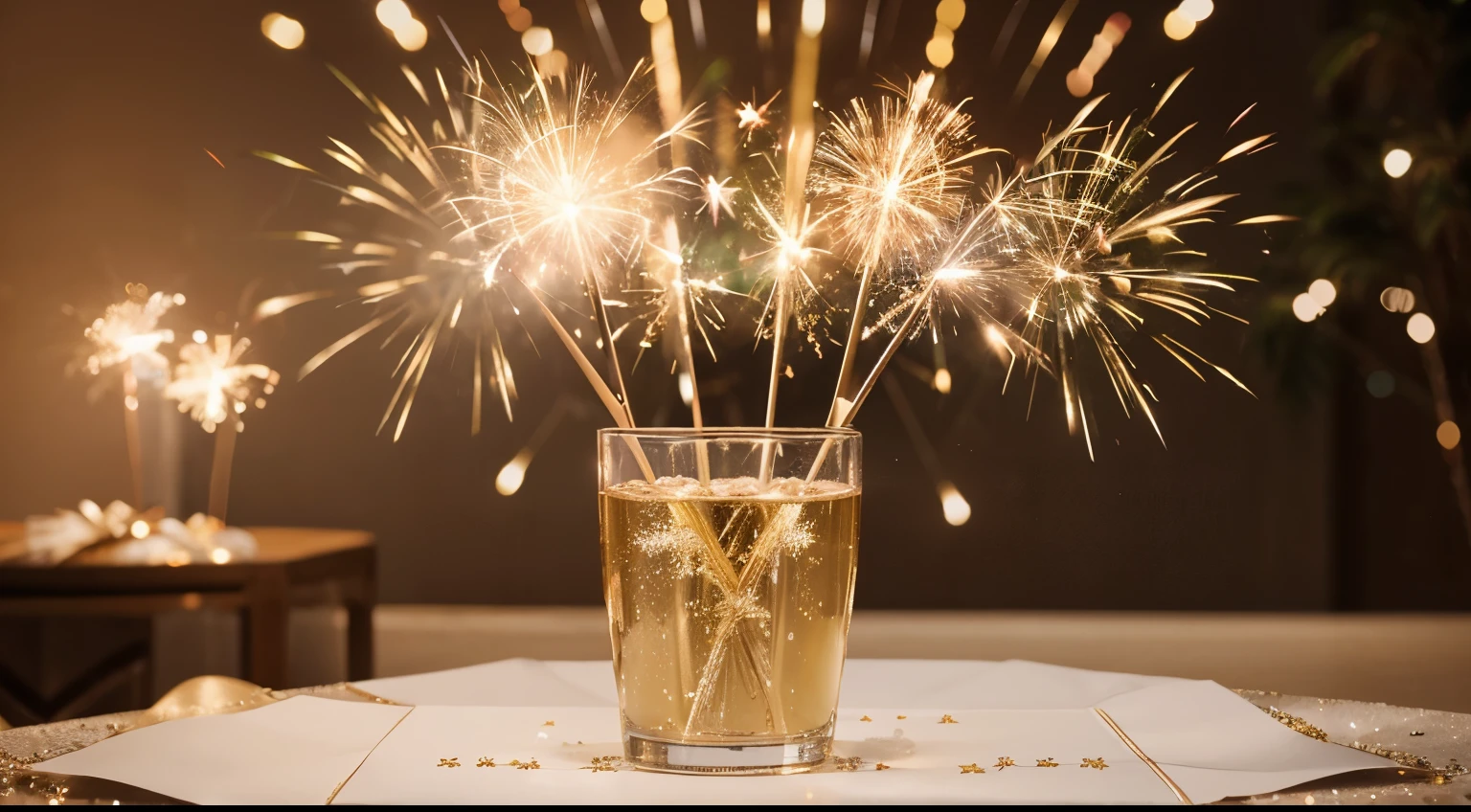 Sylvester New Year, New Year's Eve 2024 party event celebration holiday greeting card - Closeup of sparkling sparklers and bokeh lights in the background