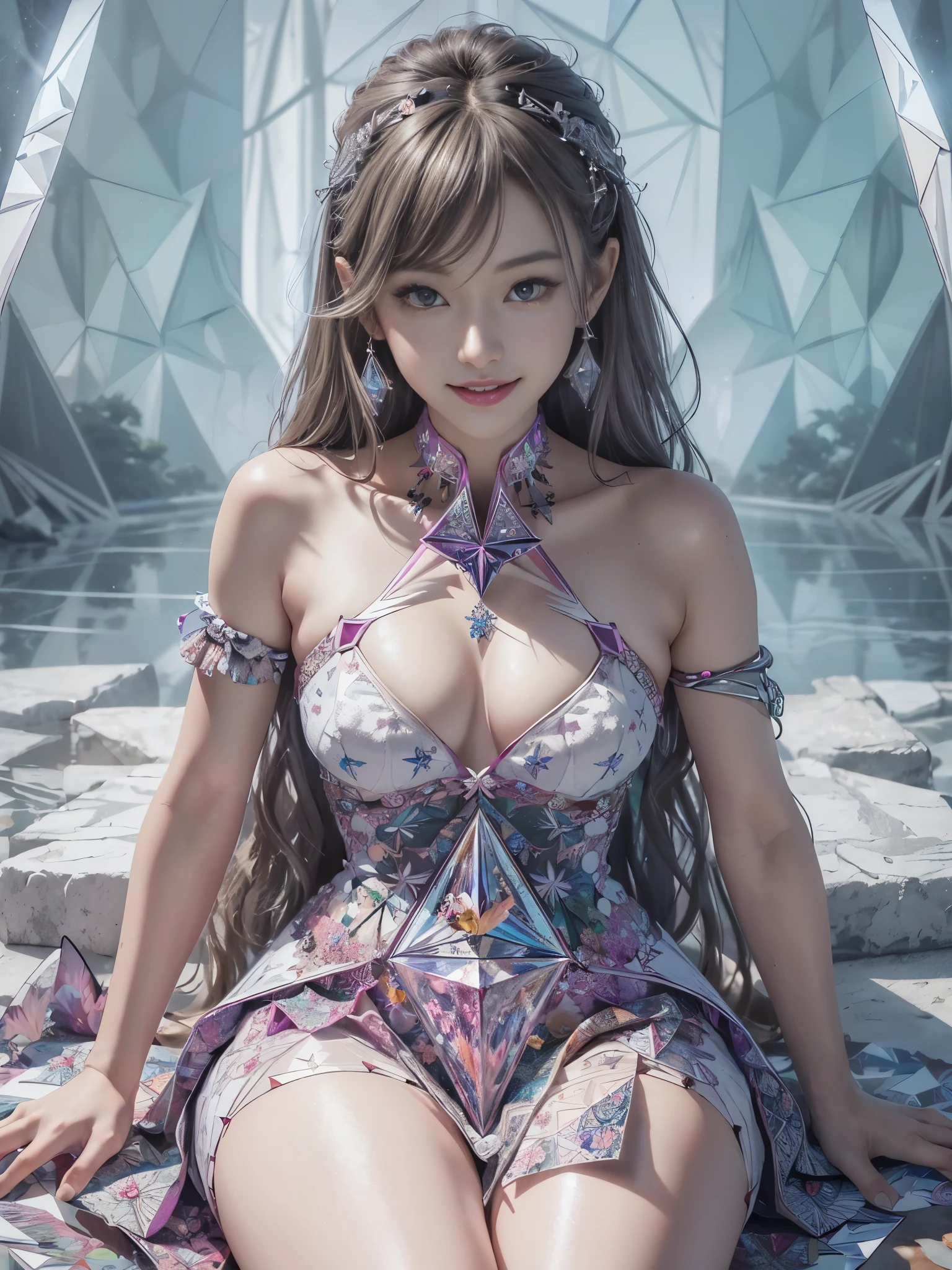 (Digital art, fractal art, official art, beautiful and aesthetic, ultra detailed, beautiful, masterpiece, best quality:1.8), (1girl:1.2), face, Detailed face, Detailed eyes, Detailed hair, Detailed fingers, five fingers,
_ BREAK (kaleidoscope:1.6),
(angular kaleidoscope all pattern dress:1.6),
(inside white kaleidoscope:1.55),(angular,Prism:1.7),
(strong prism light reflected on kaleidoscope:1.7),
BREAK cute ig model, Japanese cute model, 22 years old, medium large breasts, slender waist, toned arms, toned thighs, medium Buttocks, small head, small face, small mouth, diamond Face, small nose, Sharp Faceline, smile,Teeth, (dropy eyes, Double eyelid, Light color eyes, Moist eyes, Shiny eyes:1.2), Shiny hair, Shiny skin,
_
(smile, Teeth:1.3),(sitting:1.2), from front, lock at viewer,
_