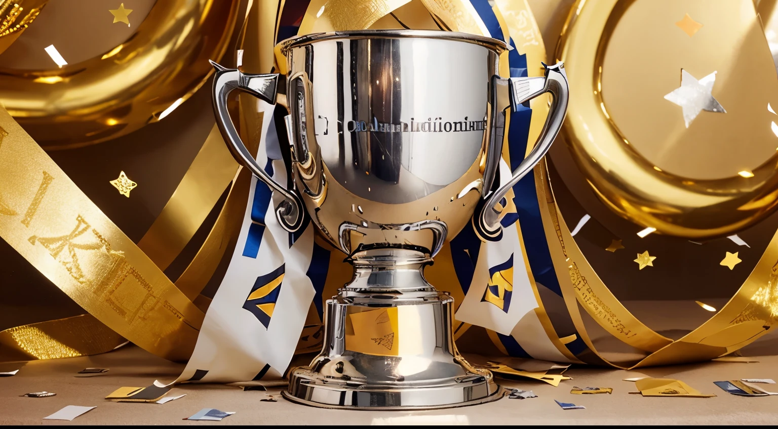 championship cup or winner trophy in golden and silver shiny chrome with celebration confetti and ribbon decoration as wide banner with copy space area See Less