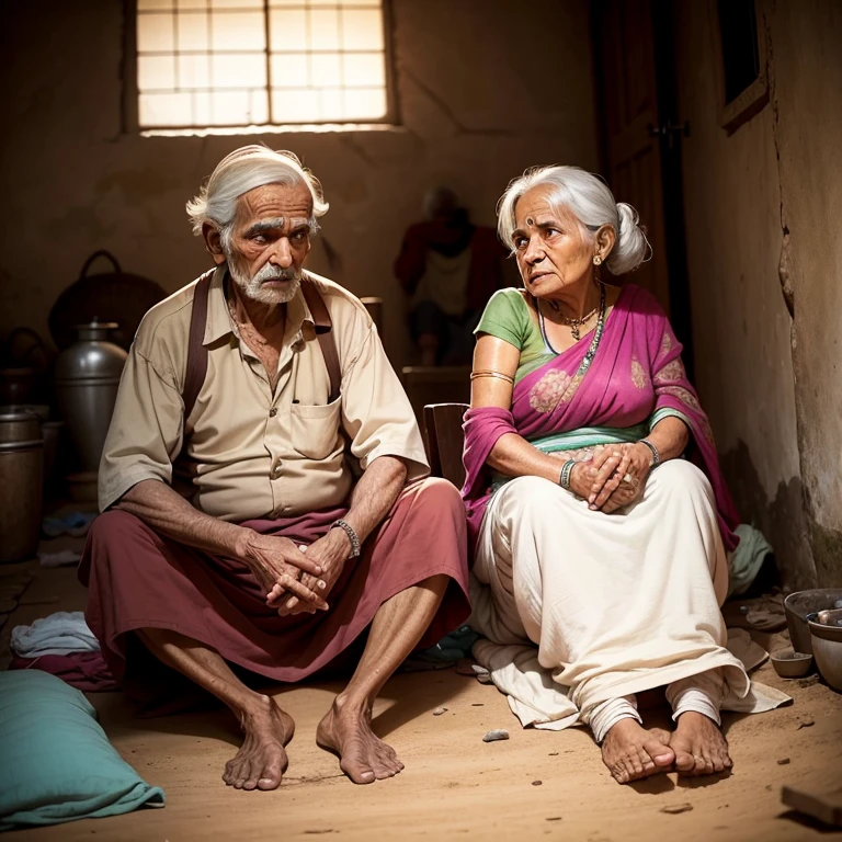 A struggling old aged husband and wife in their village house, suffering from poverty, indian couples, taking care of eachother