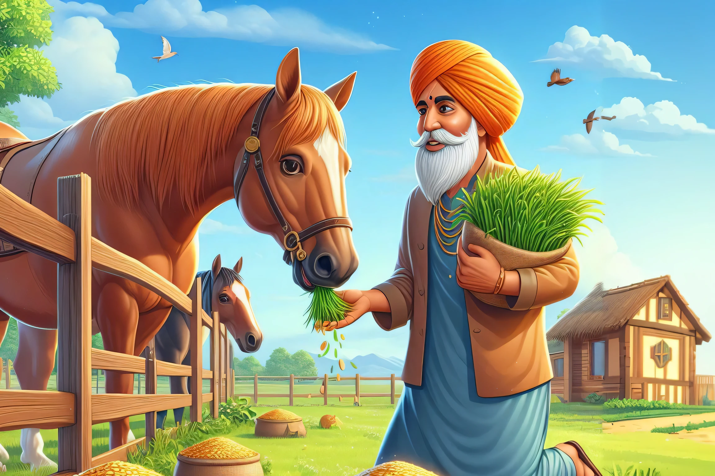 arafed man with a beard and a turban standing next to a horse, villagers busy farming, idyllic and fruitful land, farm background, farmer, farm land, tall farmer, mogul khan, inspired by Manjit Bawa, casual playrix games, countryside, lush farm lands, by Manjit Bawa, 🐎🍑, inspired by Christoph Ludwig Agricola