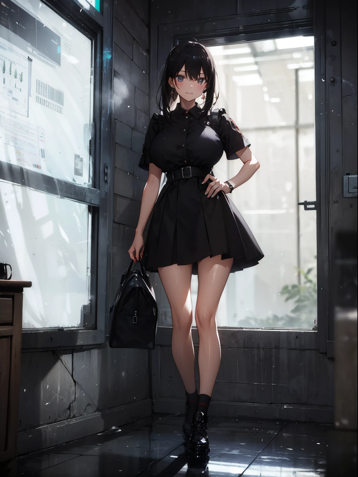 best quality、Full members、complete fingers、Sexy beauty big breasts, shirt buttons open, 1 person、ssmile、double teeth、shy expression、School clothes、knee high、straighten legs、Place hands on hips, in a quiet classroo, Short black hair, earrings, watch, Short sleeve,