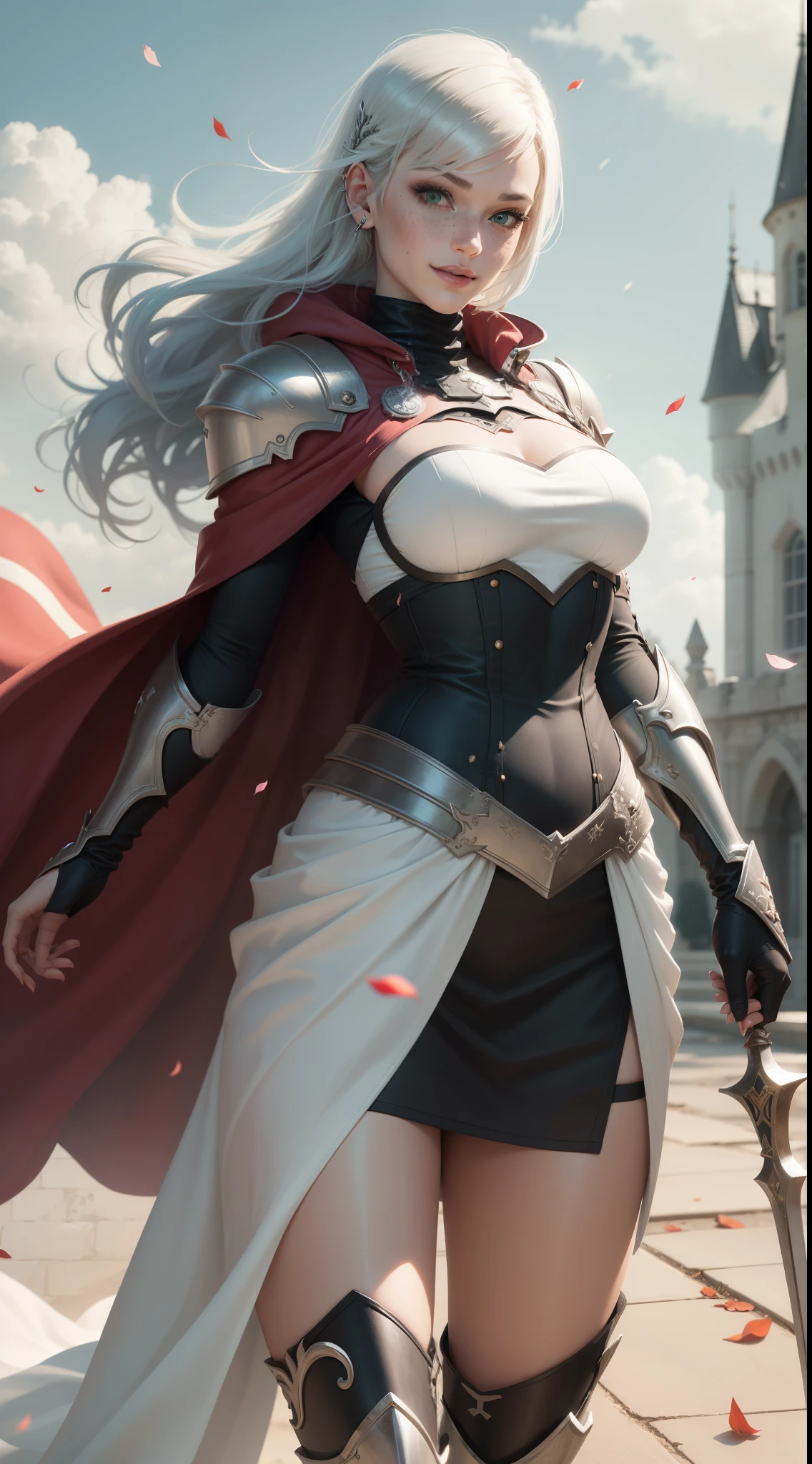gwen tennyson,1girl,yorha 2b,riven,tracer, overwatch,atelier ryza,close up,castle siege view,tattoos,black and white plugsuit,white short sleeve paladin top,full steel paladin armor,long paladin skirt,white paladin corset,long hair,princess makeup,green eyes,multicolored silver hair,long dress train,fierce smile,freckles,beautiful girl,paladin thigh high boots,large breasts,8k,ultra detailed,realistic,fantasy art,silver paladin uniform,queen gown dress,hair pin,ear piercings,snowflake hand and neck jewelry,(weather:windy),long scarlet paladin cape,holding a long spear,petals flying,
