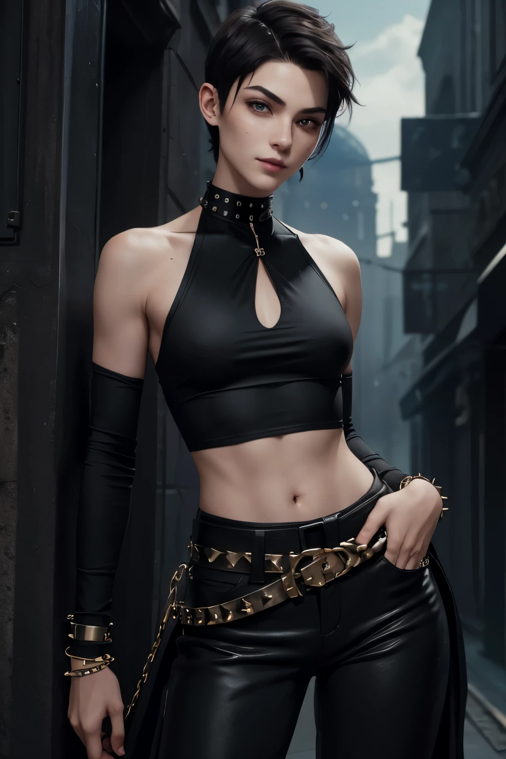A happy young woman with an undercut in a fantasy setting. A rogue. Very androgynous looking. In a good mood. Sympathic. Kind. Tomboyish. Androgynous. Slim body. Very . Very small breasts. Wide hips. Thick legs. Face: Extremly pale skin with liverspots and freckles. Soft narrow face with a round chin. Soft small jaw. Big forehead. Very thin barely visible eyebrows. Upturned big dark-brown eyes. Dark-brown eyecolour. Puppy dog look. Very long and wide nose. Big curved lips. Very short dark-brown hair. A boyish short haircut. Undercut. Sides shaved. A tight fantasy outfit of rogue with a tank top. Tight long black pants. Background: a green meadow and cloudless blue sky.