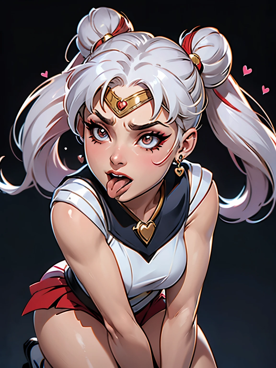 masterpiece, best quality, 1girl, {gyaru|gal|chick}, red lips, solo, white hair, multicolored hair, bangs, defiant leaking makeup, twin tails, hair buns, tanned skin, (sailor moon), half-cycle, correct hands, proportional fingers, detailed hands, detailed face, plump lips, full body, detailed body, ((tongue, ahegao face, flushed face, agitated face)), (hearts in pulips), O mouth, open mouth, eyeshadow, hair bow, bow, lipstick, two-tone hair, black background, ultra-detailed, professional, bokeh, , illustration, vivid colors, portraits, sharp focus, defiant magnificent color palette, relaxed lighting