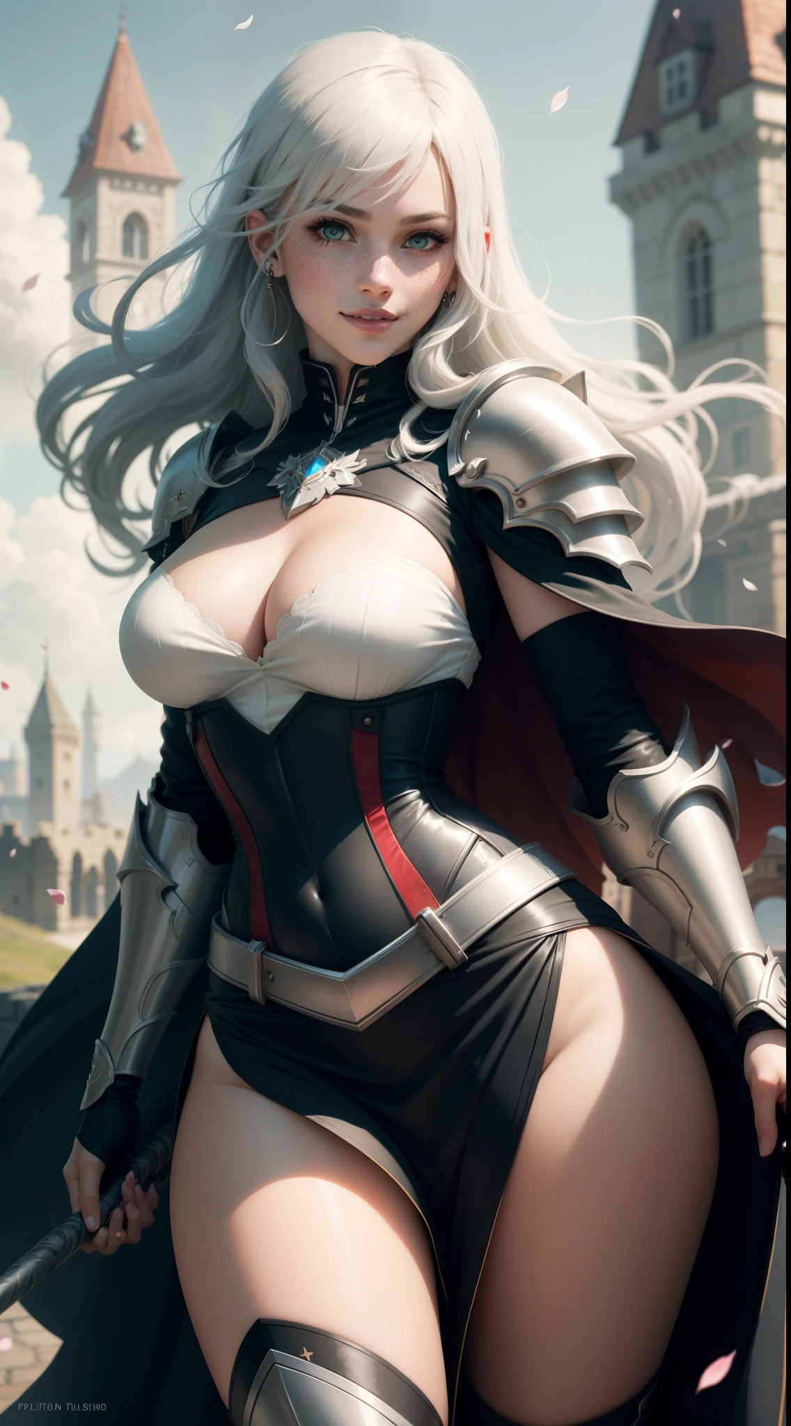 gwen tennyson,1girl,yorha 2b,riven,tracer, overwatch,atelier ryza,close up,castle siege view,tattoos,black and white plugsuit,white short sleeve paladin top,full steel paladin armor,long paladin skirt,white paladin corset,long hair,princess makeup,green eyes,multicolored silver hair,long dress train,fierce smile,freckles,beautiful girl,paladin thigh high boots,large breasts,8k,ultra detailed,realistic,fantasy art,silver paladin uniform,queen gown dress,hair pin,ear piercings,snowflake hand and neck jewelry,(weather:windy),long scarlet paladin cape,holding a long spear,petals flying,