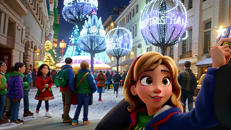 Disney Pixar style image and a woman taking a selfie in front of a Christmas tree, la noche, With a tree in the background and flashing lights., Temporada de vacaciones, Pareja feliz