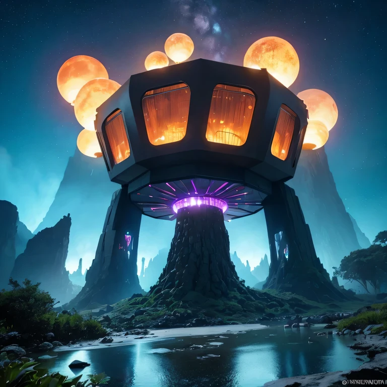 Alien Hexagonal Base (very detailed nipples) In a hexagonal mountain oasis，There are several hexagonal exhaust fans and chimneys, some neon lights projecting from the base，Light up the dark night), There are some clouds in the night sky, Some surrounding planets provide air to unknown planets，The most remote giant hexagonal volcano erupts，the rainforest